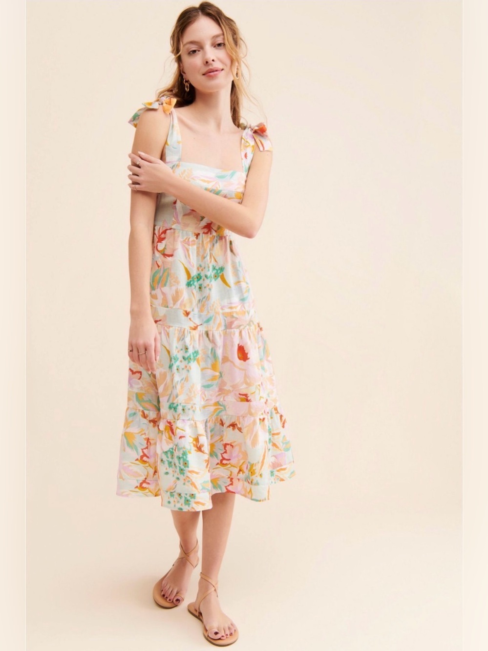 Kachel x Anthropologie Floral Linen Tie Strap Midi Dress Women’s Size 6